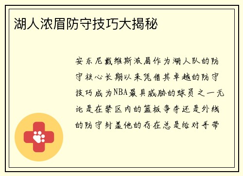 湖人浓眉防守技巧大揭秘